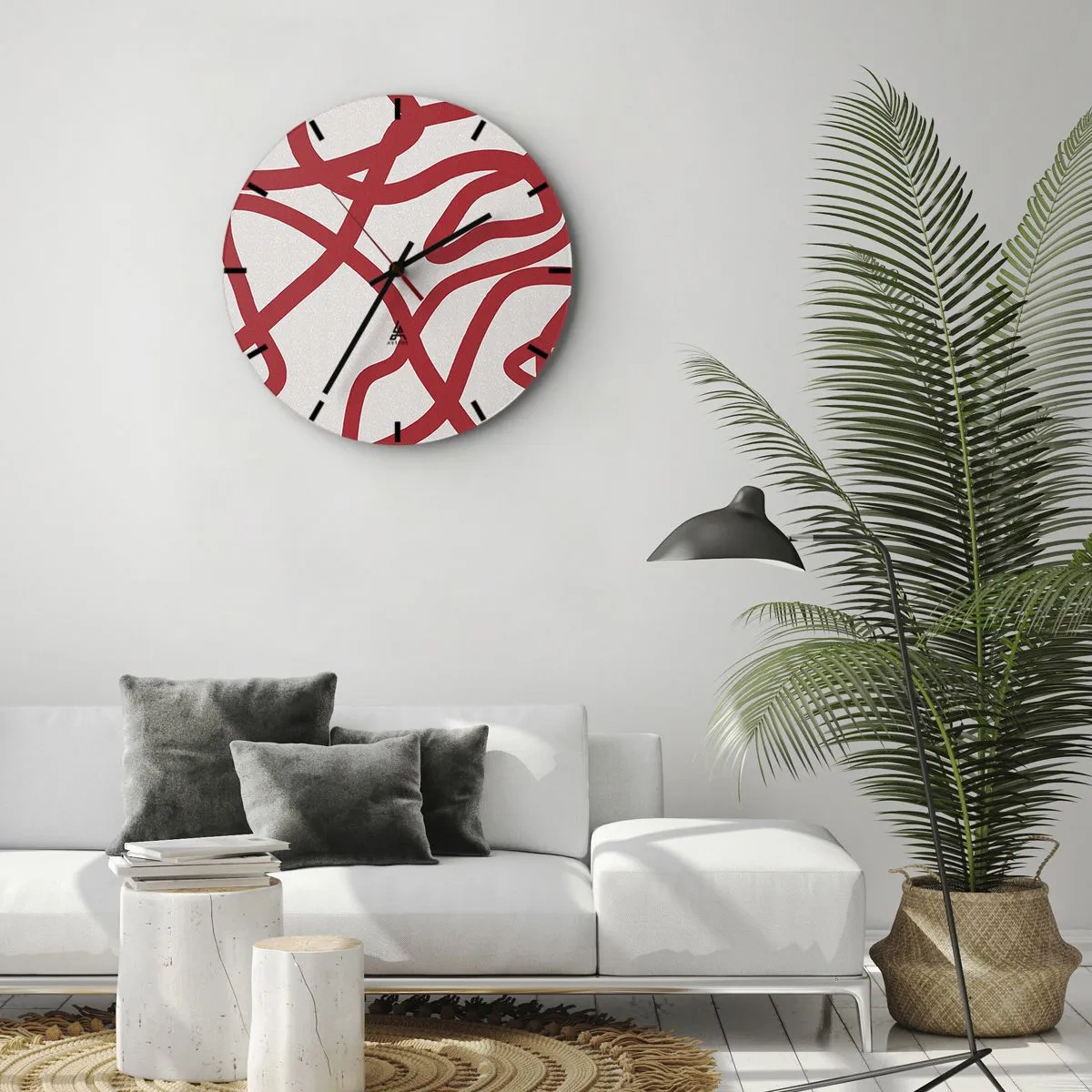 Wall clock - Clock on glass - Red on White - 40x40 cm