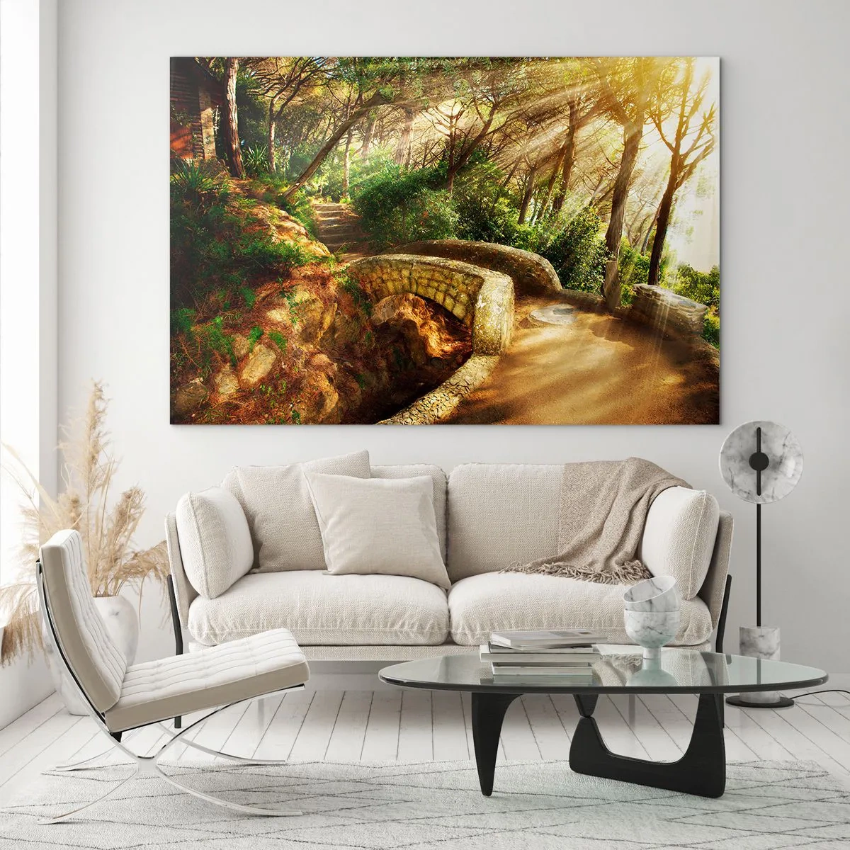 Glass picture - Sun rays illuminating the forest bridge and path - 70x50cm - From the Bridge to Enchanted Forest - Modern wall decoration for the living room and bedroom ARTTOR