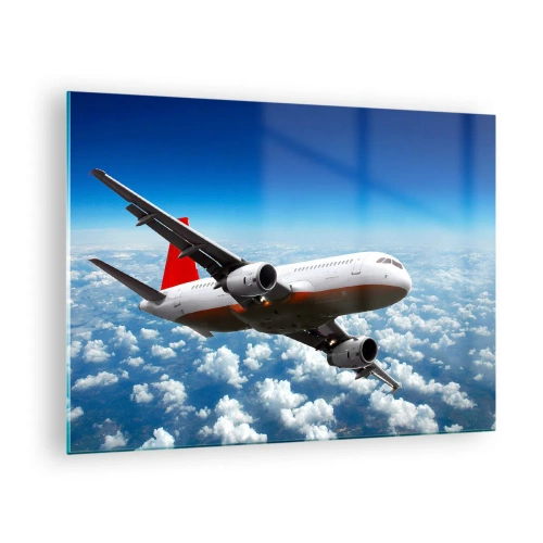 Glass picture - A passenger plane flying above the clouds against a blue sky - 70x50cm - Leave Everything Behind - Modern wall decoration for the living room and bedroom ARTTOR