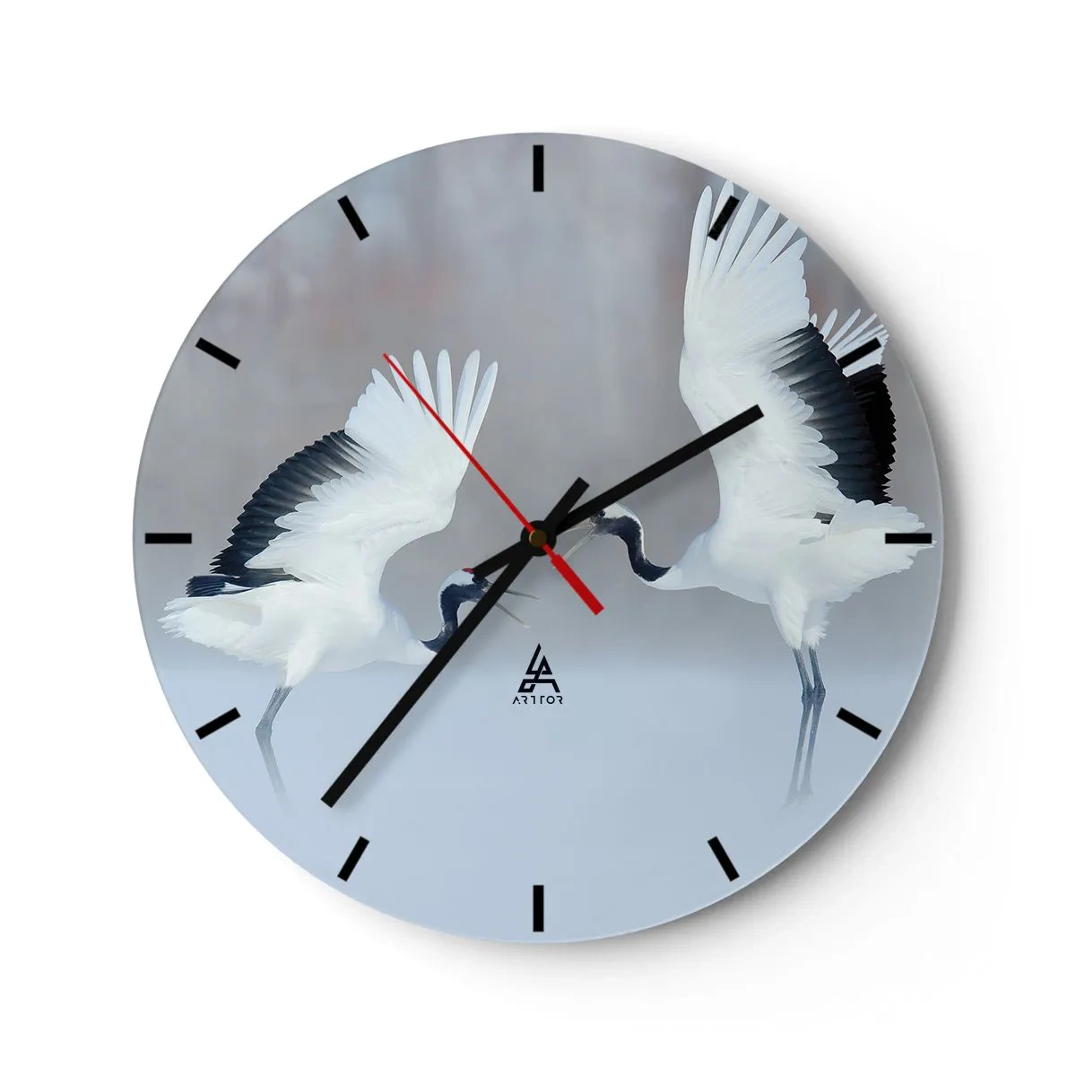 Wall clock - Clock on glass - Two dancing cranes in a winter scenery - 30x30cm - Dance in the Fog - Modern wall decoration for the living room, kitchen, and bedroom ARTTOR