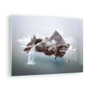 Glass picture - A floating mountain island with a waterfall in a surreal style. - 70x50cm - In the Eye of a Surrealist - Modern wall decoration for the living room and bedroom ARTTOR