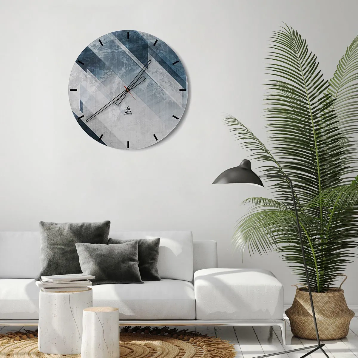 Wall clock - Clock on glass - Geometric stripes in shades of gray and navy blue create depth - 30x30cm - Spacial Composition - Movement of Greys - Modern wall decoration for the living room, kitchen, and bedroom ARTTOR