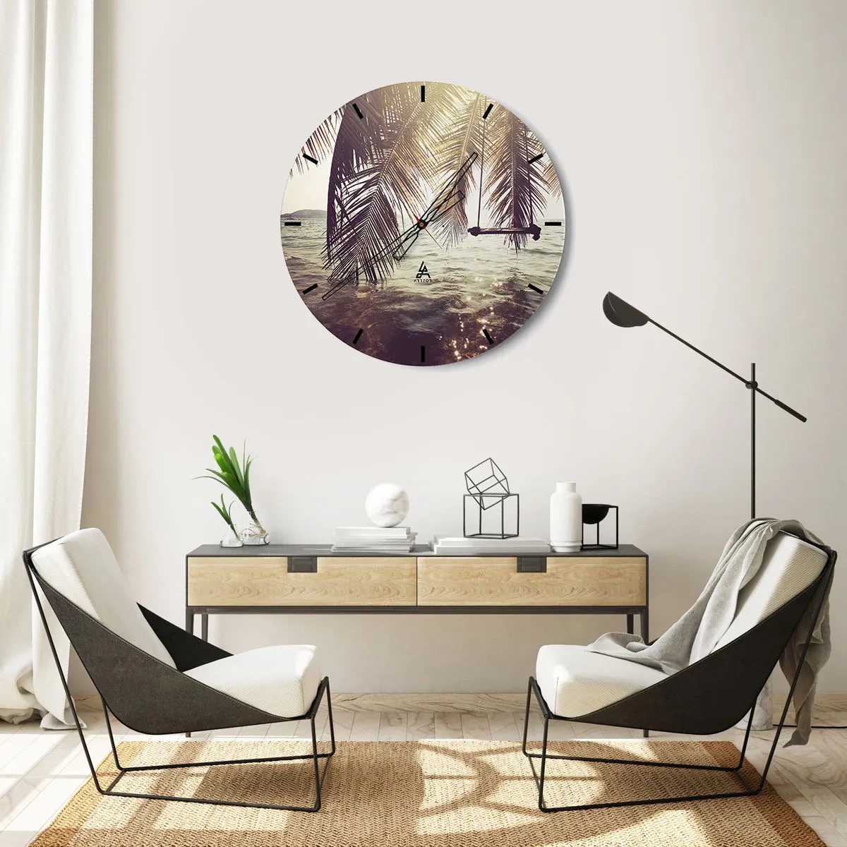 Wall clock - Clock on glass - Hammocks and palm trees over the water at sunset - 30x30cm - You Can Dream as Much as You Wish - Modern wall decoration for the living room, kitchen, and bedroom ARTTOR