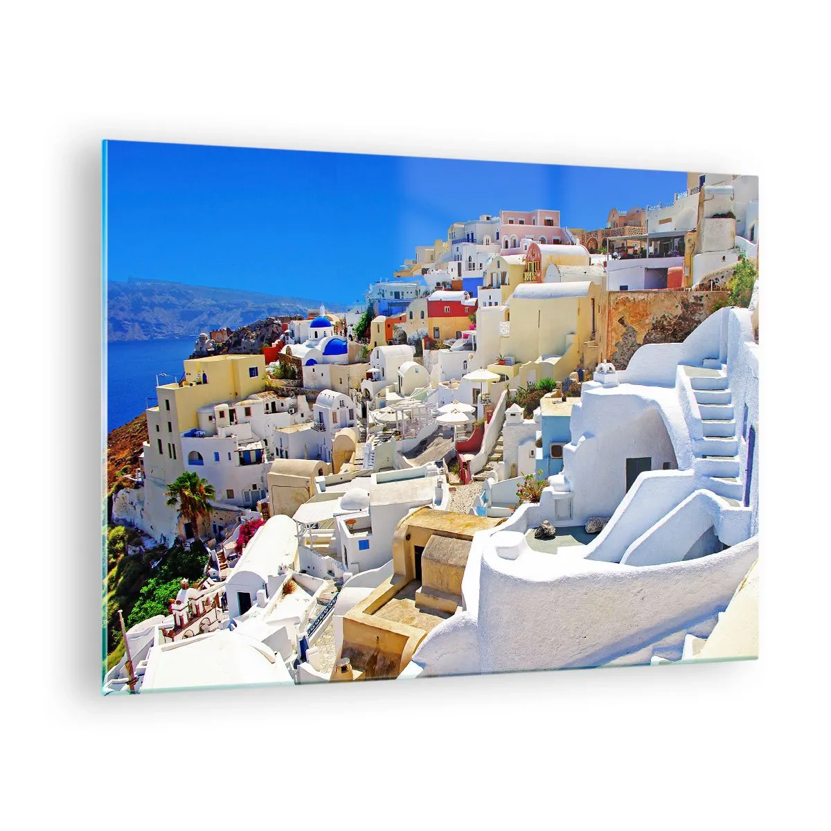 Glass picture - Santorini with white houses against a blue sky - 70x50cm - Draming of a Greek Summer - Modern wall decoration for the living room and bedroom ARTTOR