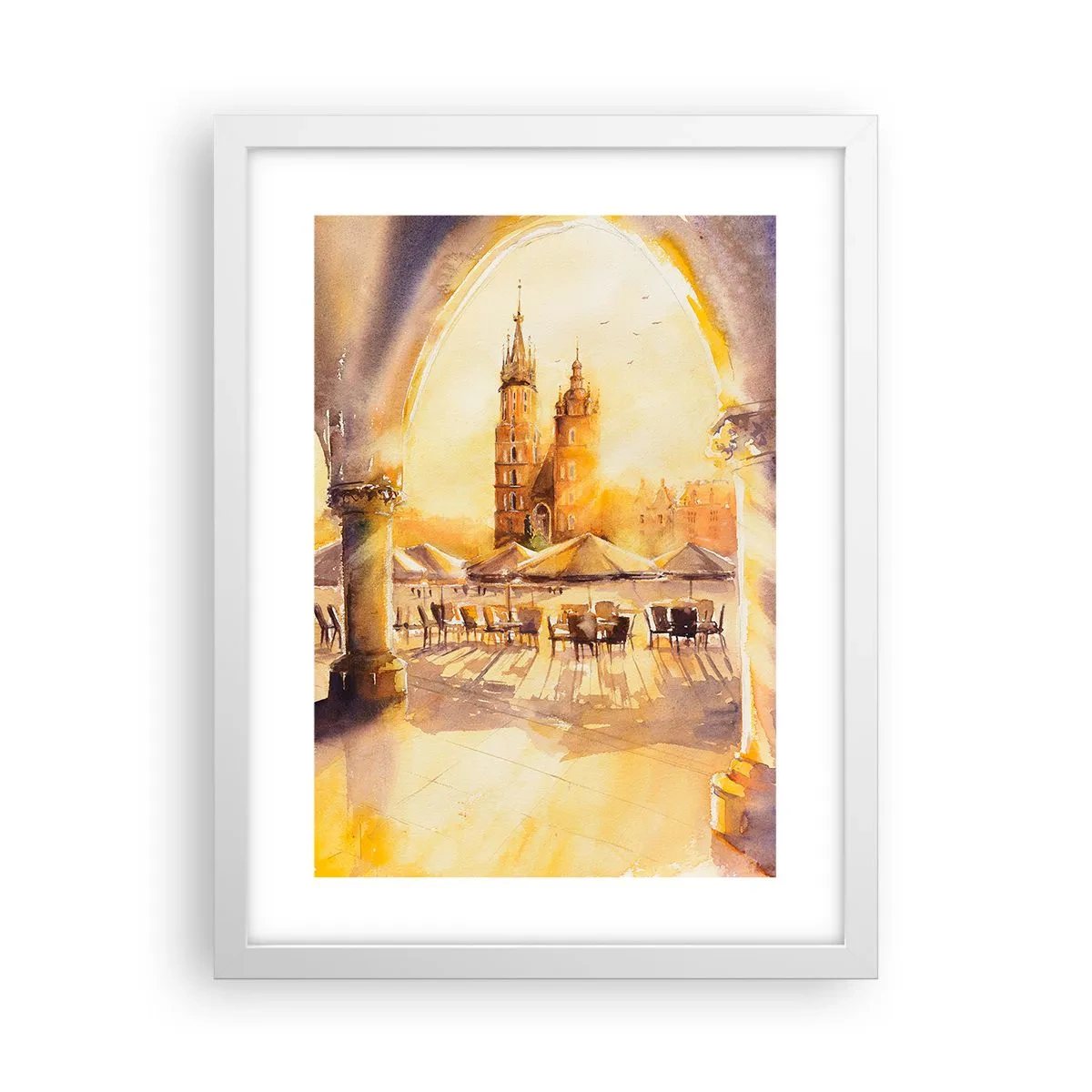 Poster in white frmae - Sunrise over a Crocow Market - 30x40 cm