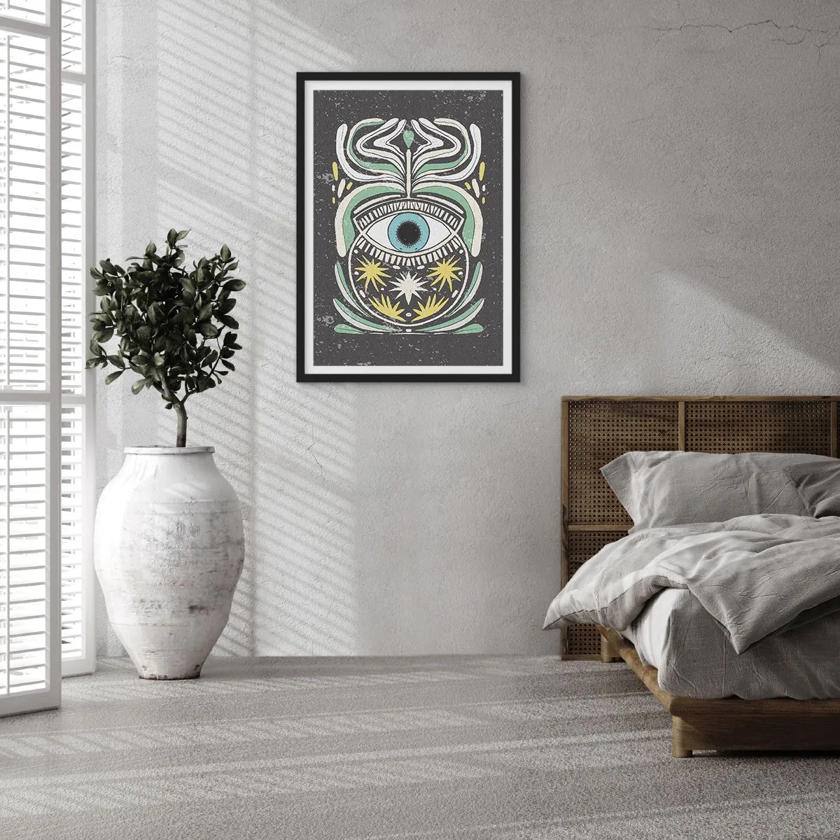 Poster in black frame - A symbolic eye surrounded by plant patterns on a dark background. - 50x70cm - Tribal Rituals - Modern wall decoration for the living room and bedroom ARTTOR
