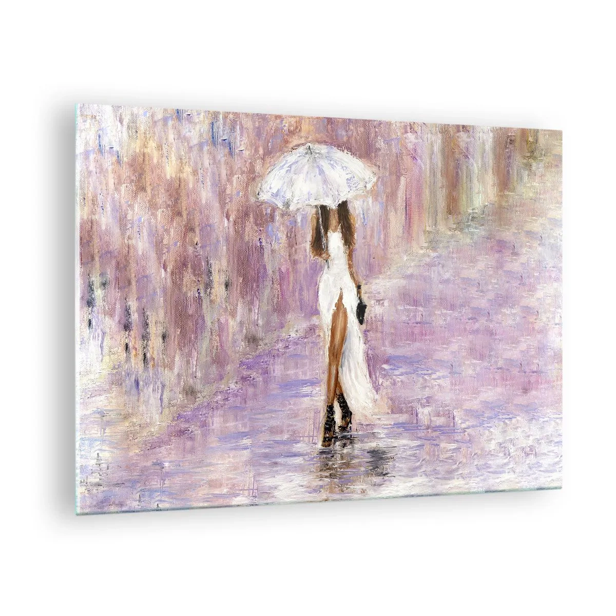 Glass picture - Figure of a woman with an umbrella in a lilac rain scene - 70x50cm - In Liliac Rain - Modern wall decoration for the living room and bedroom ARTTOR