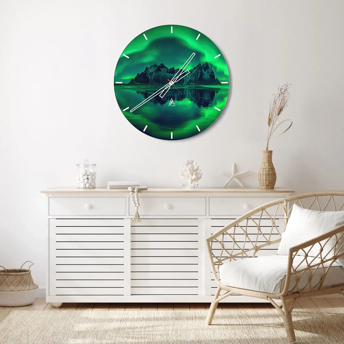 Wall clock - Clock on glass - Aurora Borealis over a mountain landscape and its reflection in the water - 30x30cm - In the Arms of a Dawn - Modern wall decoration for the living room, kitchen, and bedroom ARTTOR