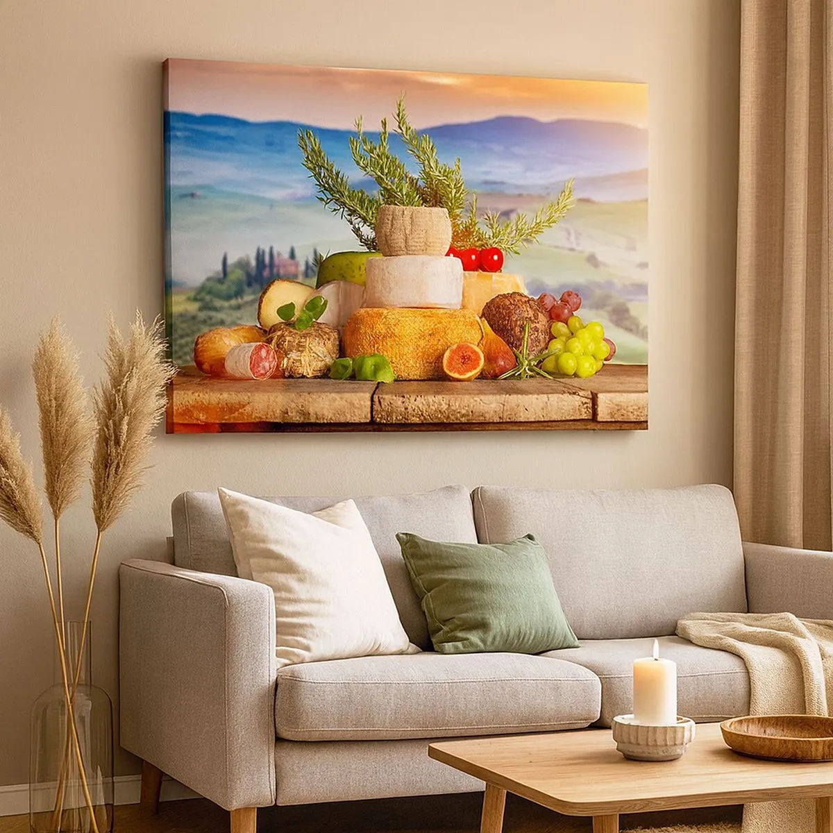Canvas picture - A composition of cheeses and fruits against the backdrop of the Tuscan landscape - 70x50cm - Italian Joie de Vivre - Modern wall decoration for the living room and bedroom ARTTOR