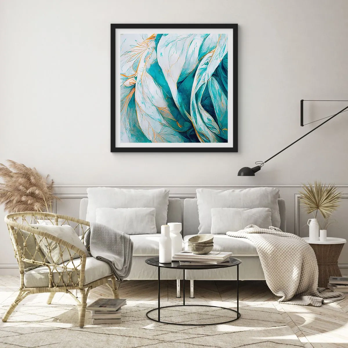 Poster in black frame - Blue Abstract with a Golden Motif - 30x30 cm