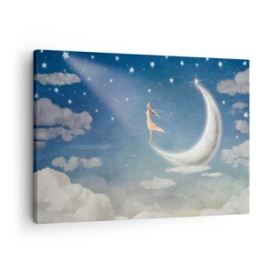 Canvas picture - A woman in the moon surrounded by stars and clouds - 70x50cm - Blue Suitor - Modern wall decoration for the living room and bedroom ARTTOR