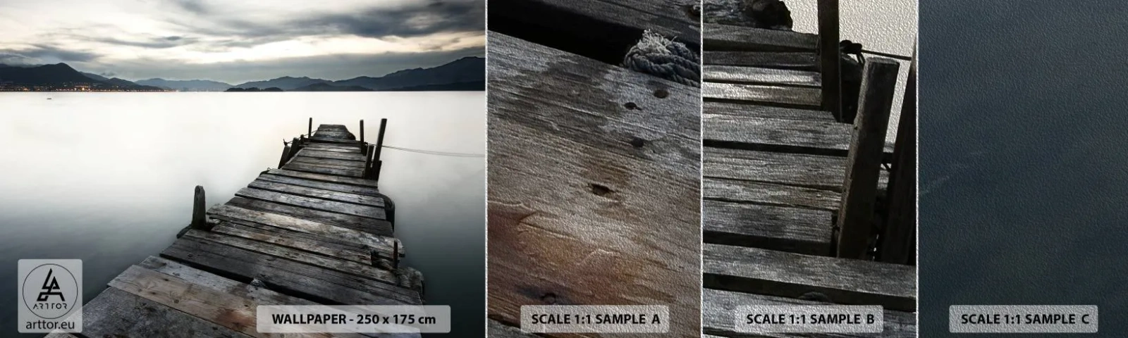 Photo Wallpaper Sample Premium Sand - Submerging in Tranquility - Landscape, Lake, Wooden Bridge - 100x30 cm