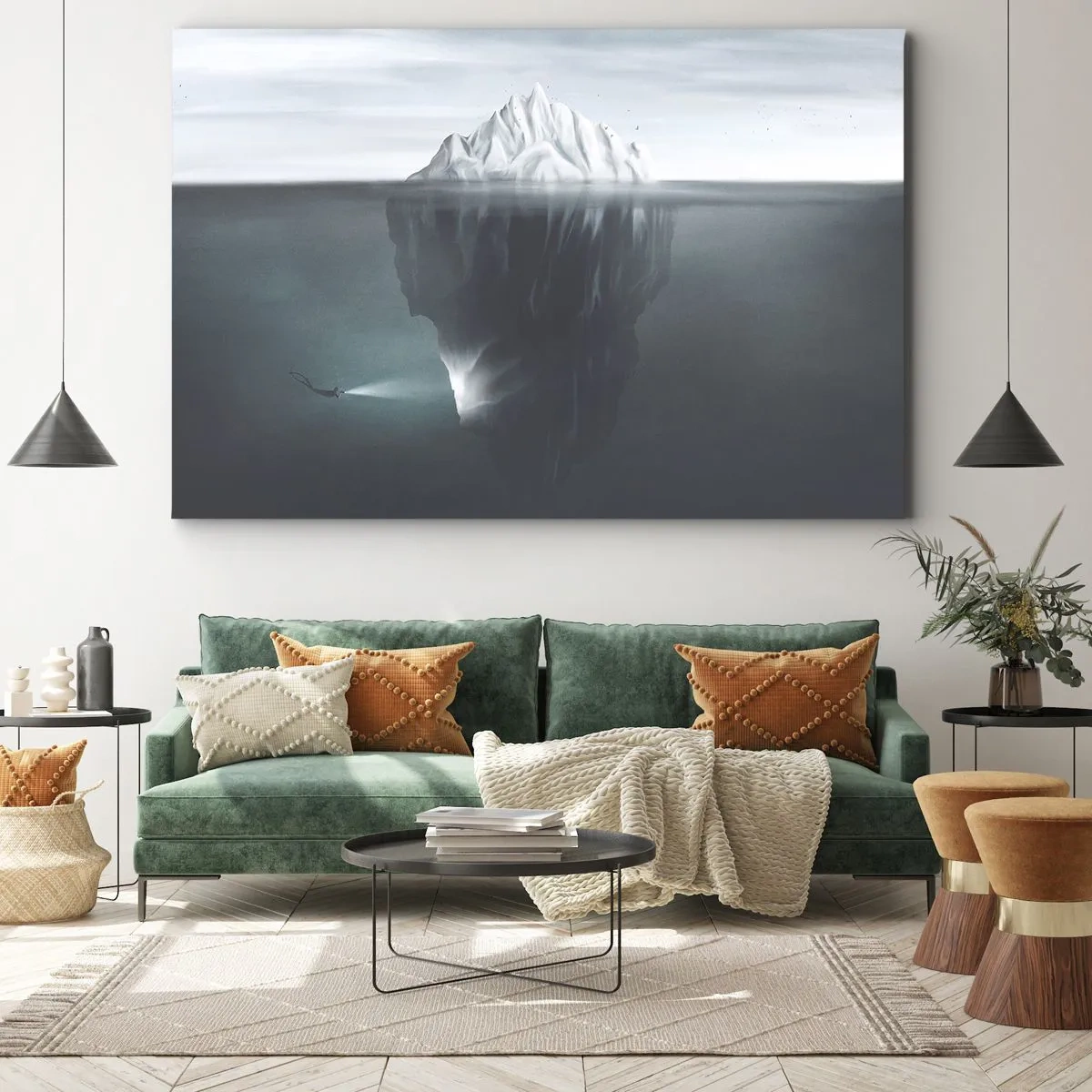 Canvas picture - An iceberg in the water with a diver and a searchlight beneath the surface. - 70x50cm - Underwater Secret - Modern wall decoration for the living room and bedroom ARTTOR
