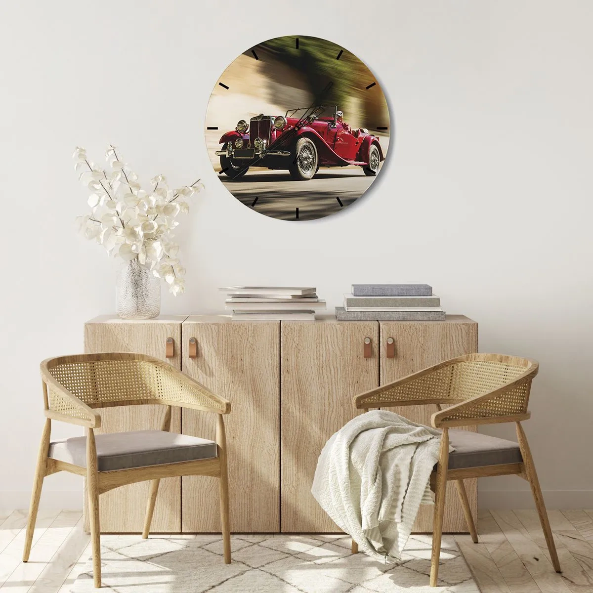 Wall clock - Clock on glass - Red classic sports car in dynamic motion - 30x30cm - More Beautiful than Nike of Samothrace - Modern wall decoration for the living room, kitchen, and bedroom ARTTOR