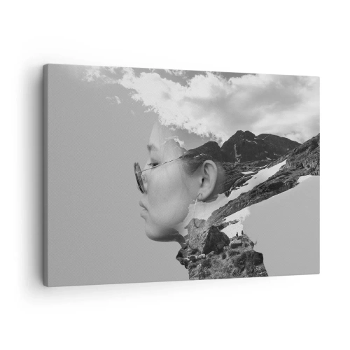 Canvas picture - A black and white composition with a woman's silhouette and a mountain landscape. - 70x50cm - Cloudy Portrait - Modern wall decoration for the living room and bedroom ARTTOR