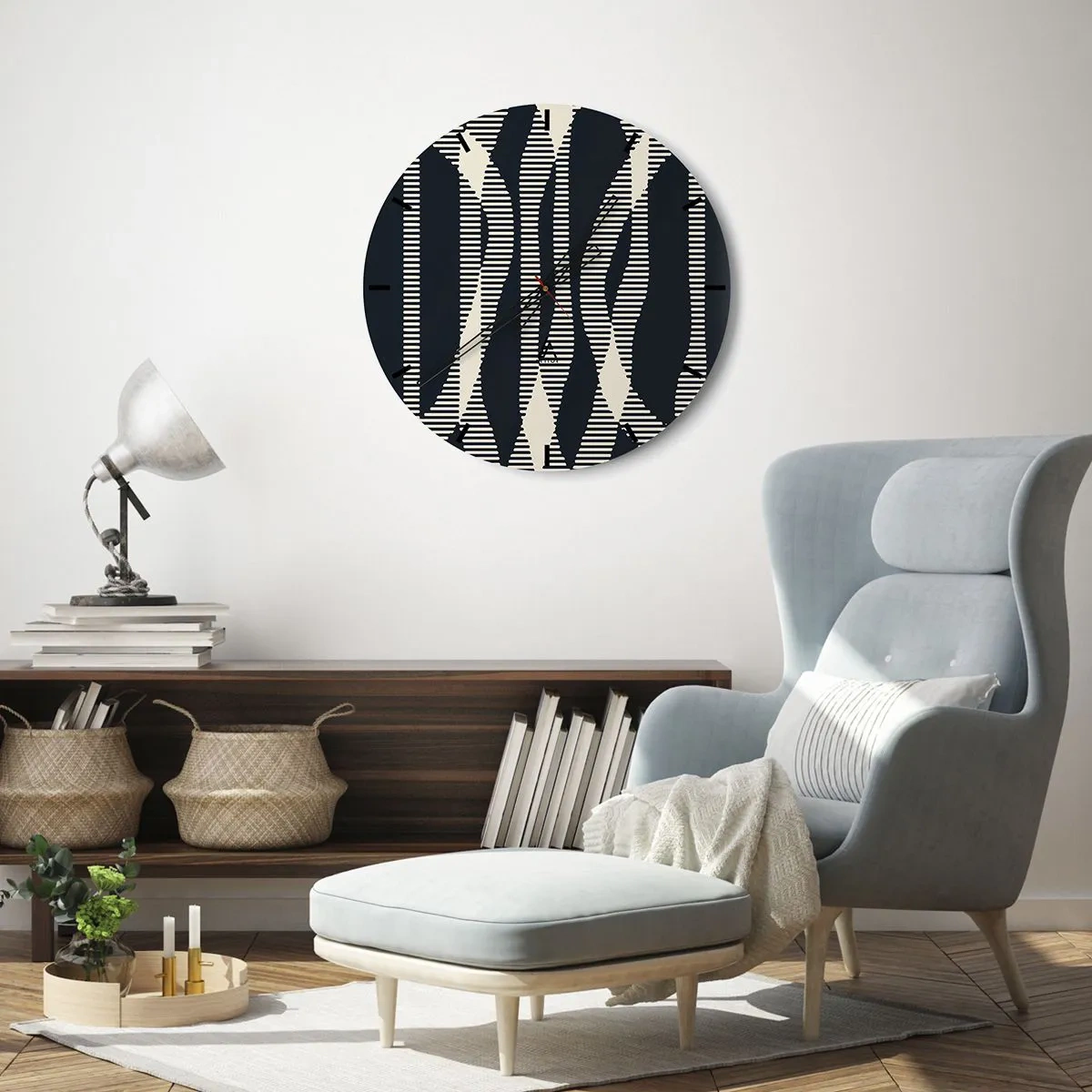 Wall clock - Clock on glass - Black and beige striped pattern with optical effect - 30x30cm - Attempt at Breaking Darkness - Modern wall decoration for the living room, kitchen, and bedroom ARTTOR