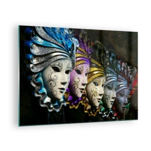 Glass picture - Colorful Venetian masks in a row - 70x50cm - Secret in Gold and Silver - Modern wall decoration for the living room and bedroom ARTTOR