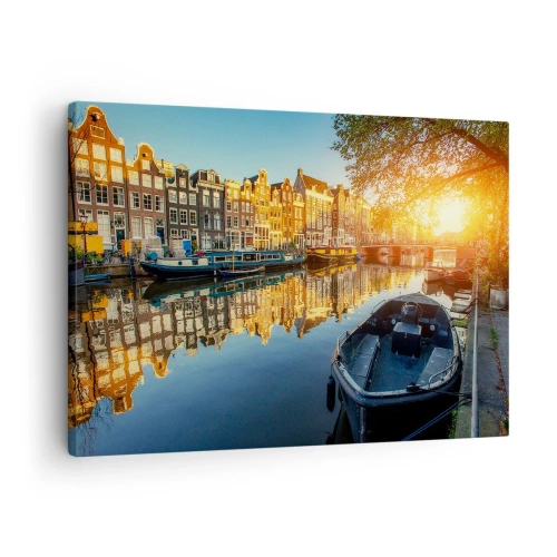 Canvas picture - Amsterdam canal at sunset - 70x50cm - Morning in Amsterdam - Modern wall decoration for the living room and bedroom ARTTOR