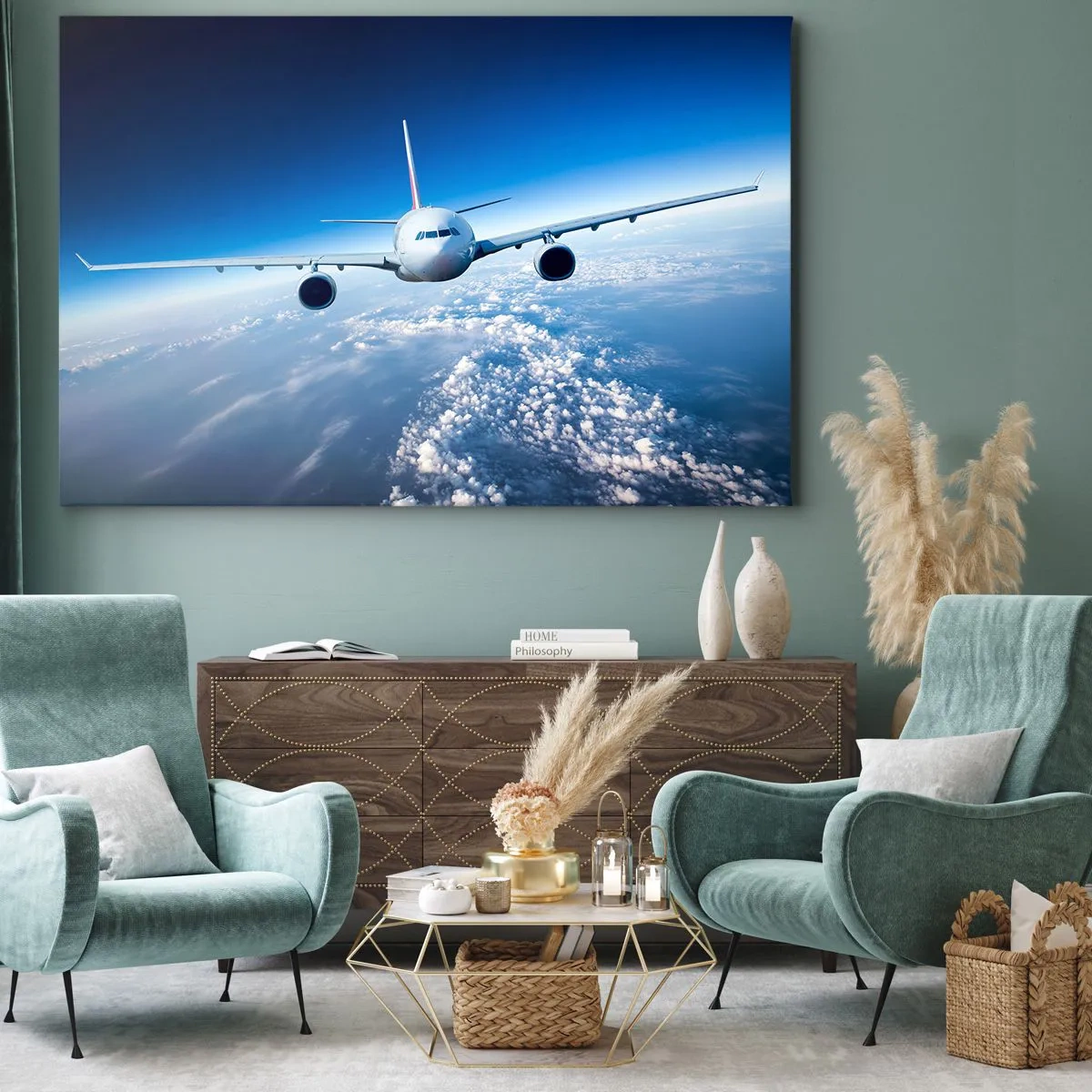 Canvas picture - An airplane flying above the clouds against a blue sky - 70x50cm - I Am Flying - Modern wall decoration for the living room and bedroom ARTTOR