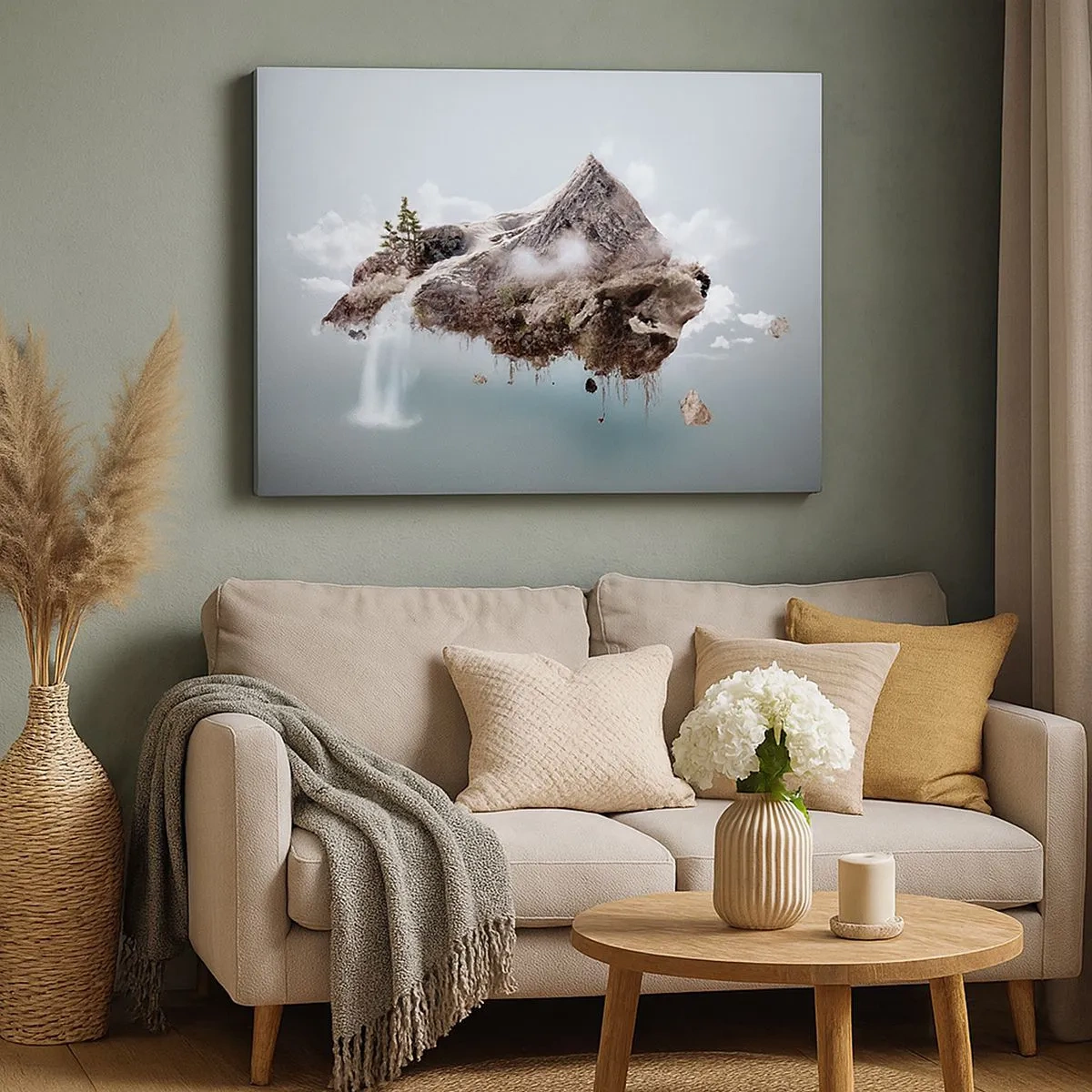 Canvas picture - A surreal mountain floating in the clouds with a waterfall - 70x50cm - In the Eye of a Surrealist - Modern wall decoration for the living room and bedroom ARTTOR