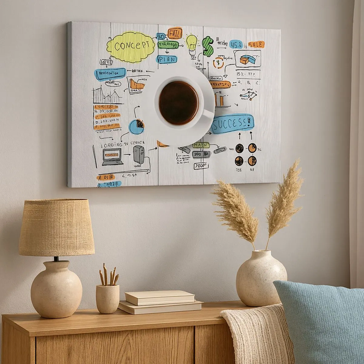 Canvas picture - A cup of coffee against the background of a conceptual drawing - 70x50cm - Time for a Break - Modern wall decoration for the living room and bedroom ARTTOR
