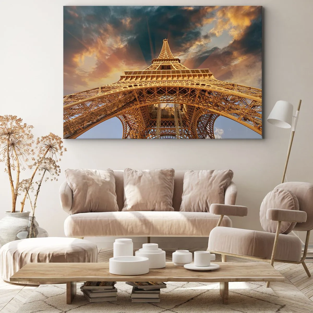 Canvas picture - The Eiffel Tower from below against the backdrop of the setting sun - 70x50cm - Man Has Reached the Clouds - Modern wall decoration for the living room and bedroom ARTTOR