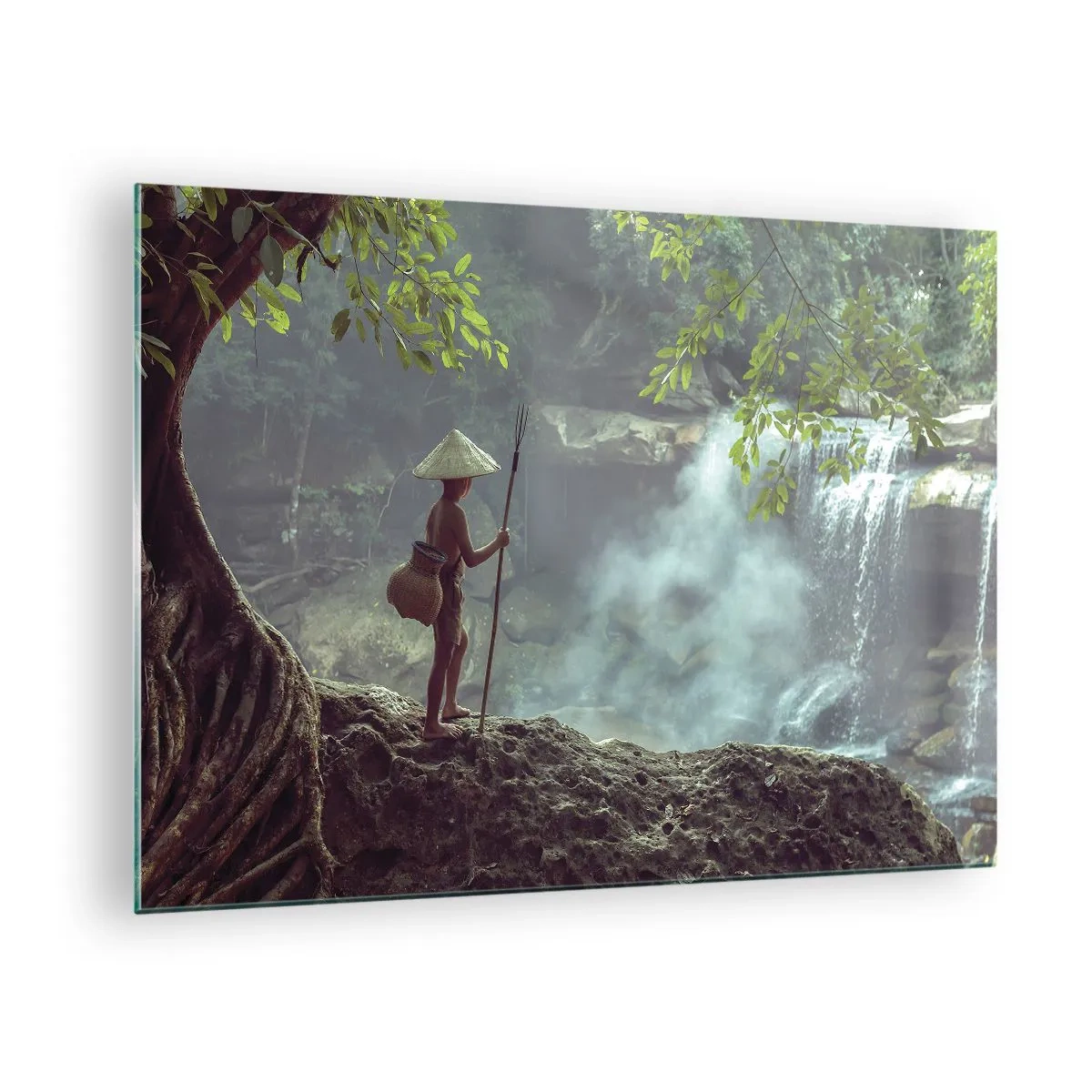 Glass picture - A boy with a spear at a waterfall in the rainforest - 70x50cm - Friends with Nature - Modern wall decoration for the living room and bedroom ARTTOR