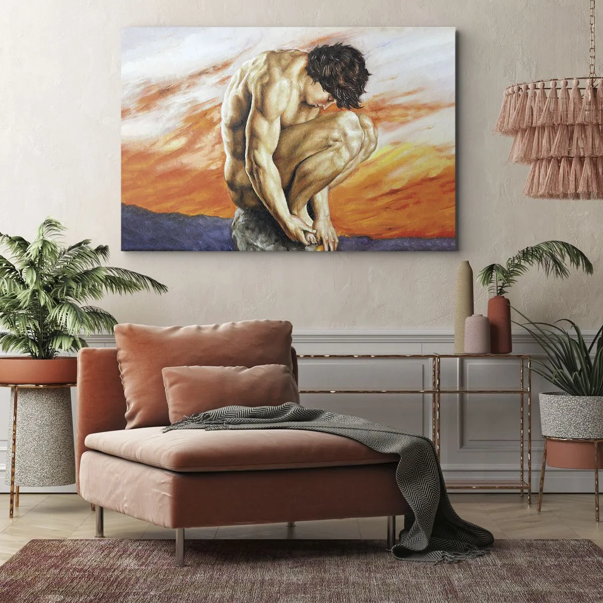 Canvas picture - A man lost in thought against the backdrop of a sunset - 70x50cm - Submerged in Himself - Modern wall decoration for the living room and bedroom ARTTOR