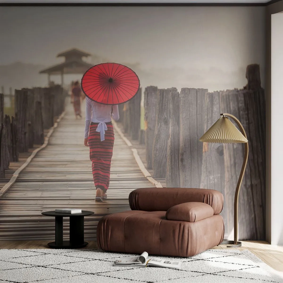 Photo Wallpaper Standard Eco - On an Old Bridge - Umbrella, Burma, Wooden Bridge - 300x210 cm