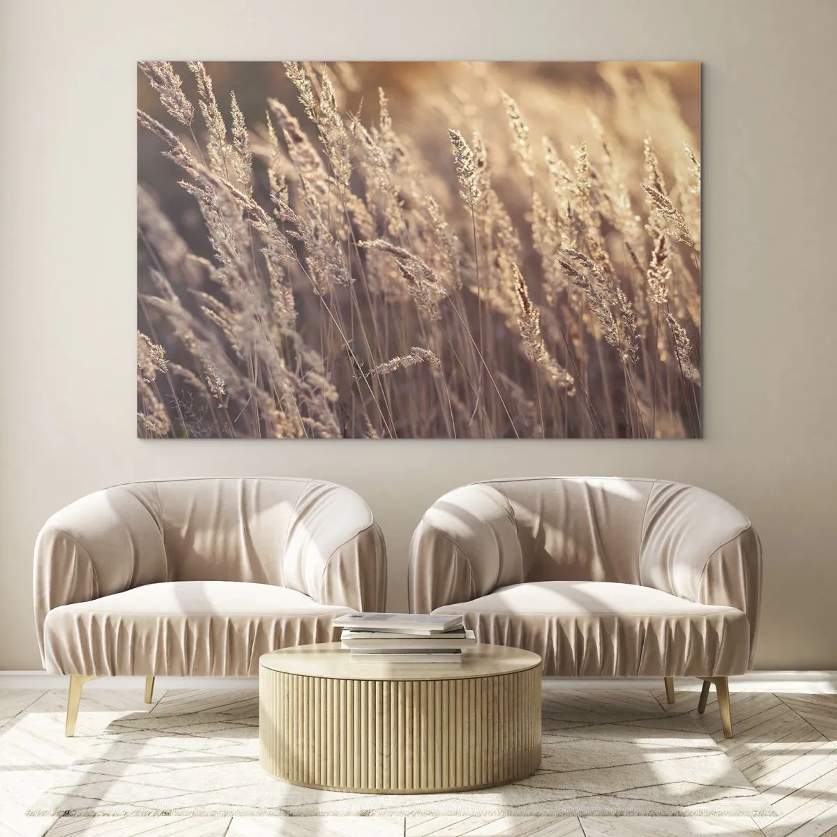 Glass picture - Golden grasses illuminated by the rays of the setting sun - 70x50cm - Ready to Welcome Autumn - Modern wall decoration for the living room and bedroom ARTTOR