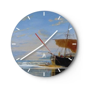 Wall clock - Clock on glass - A sailing ship at the shore with people against the sky and sea background - 30x30cm - Water, Earth, Air - Modern wall decoration for the living room, kitchen, and bedroom ARTTOR