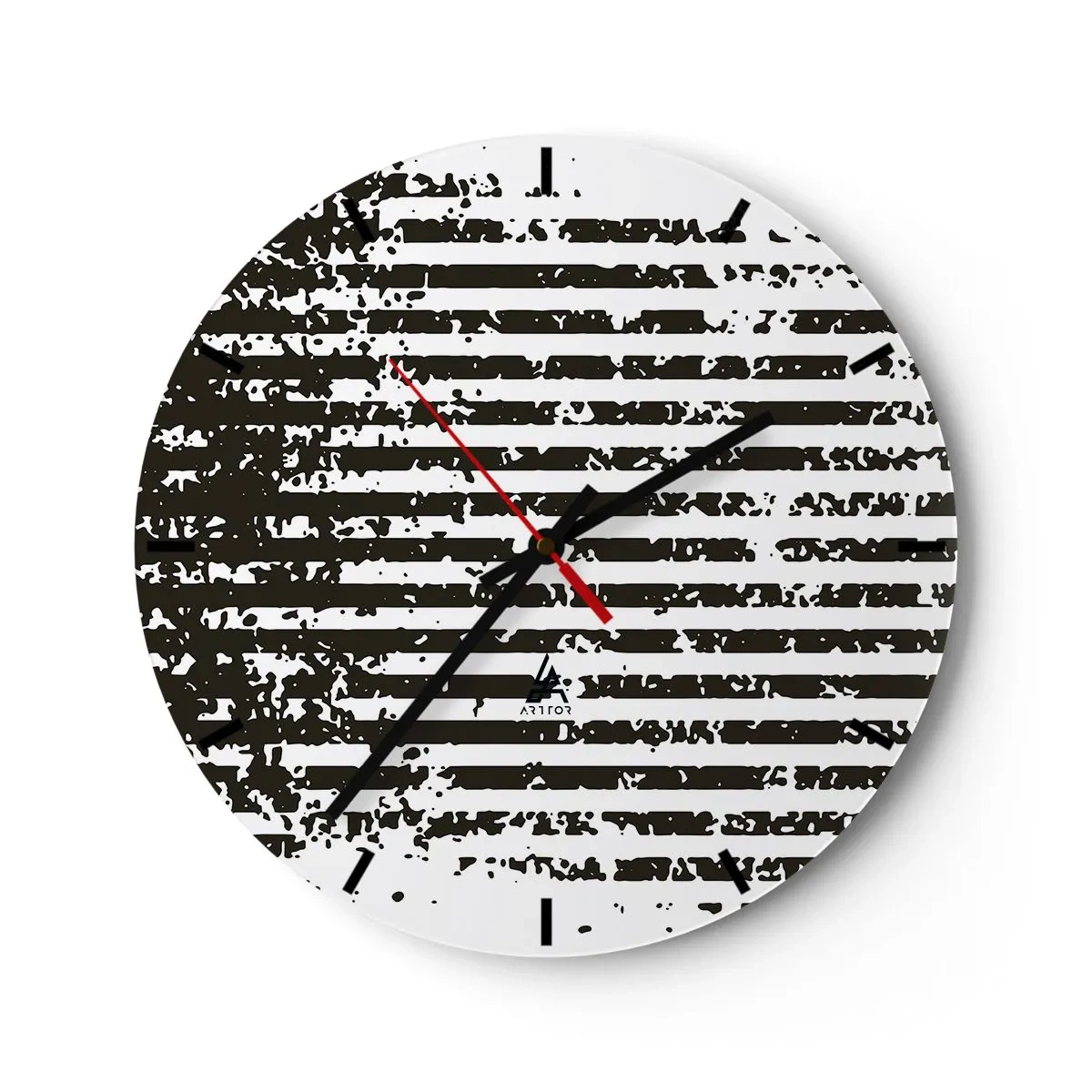 Wall clock - Clock on glass - Black and white horizontal stripes with an irregular texture - 30x30cm - Rhythm and Noise - Modern wall decoration for the living room, kitchen, and bedroom ARTTOR