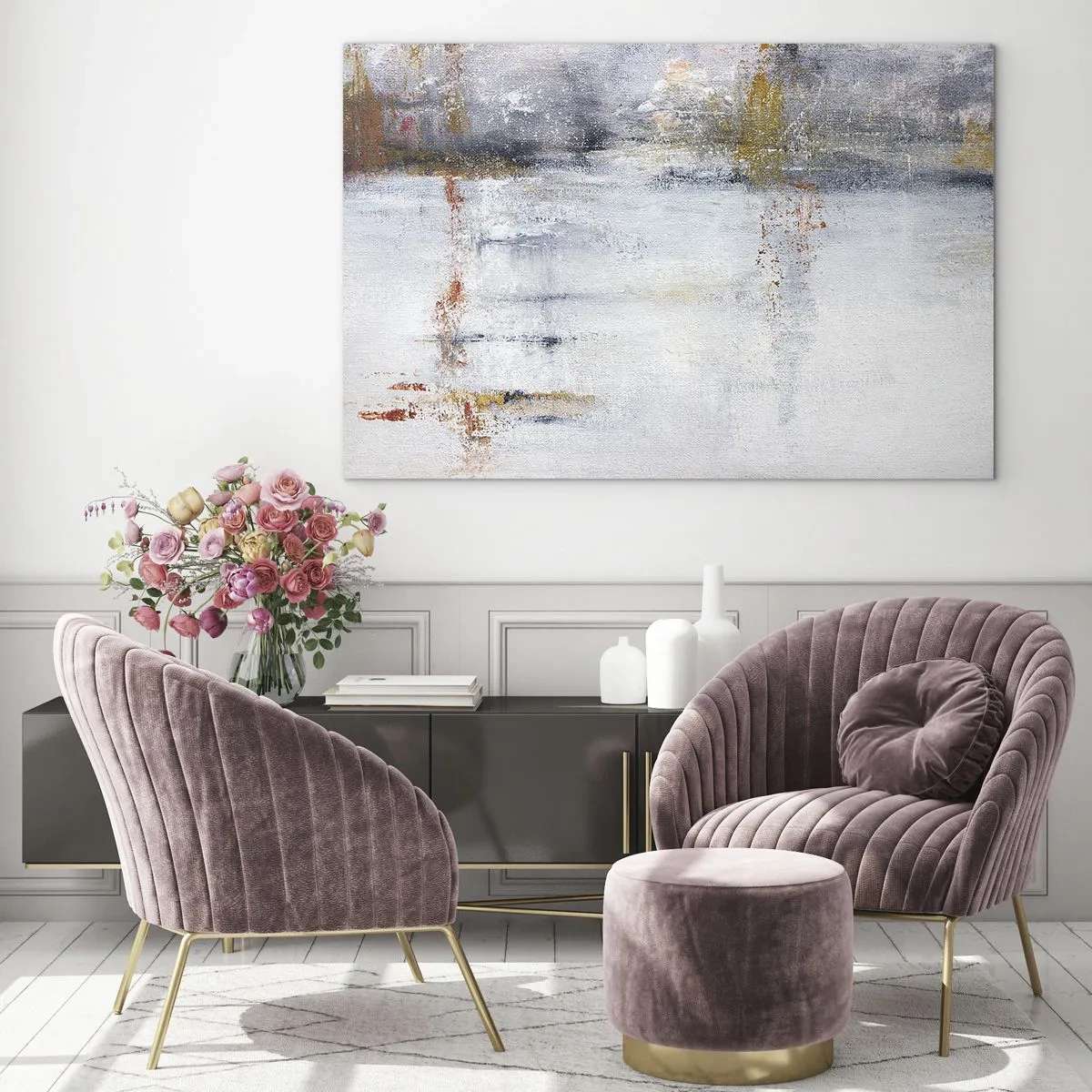 Glass picture - An abstract painting featuring a subtle combination of gray, white, and gold. - 70x50cm - Behind a Curtain of Air - Modern wall decoration for the living room and bedroom ARTTOR