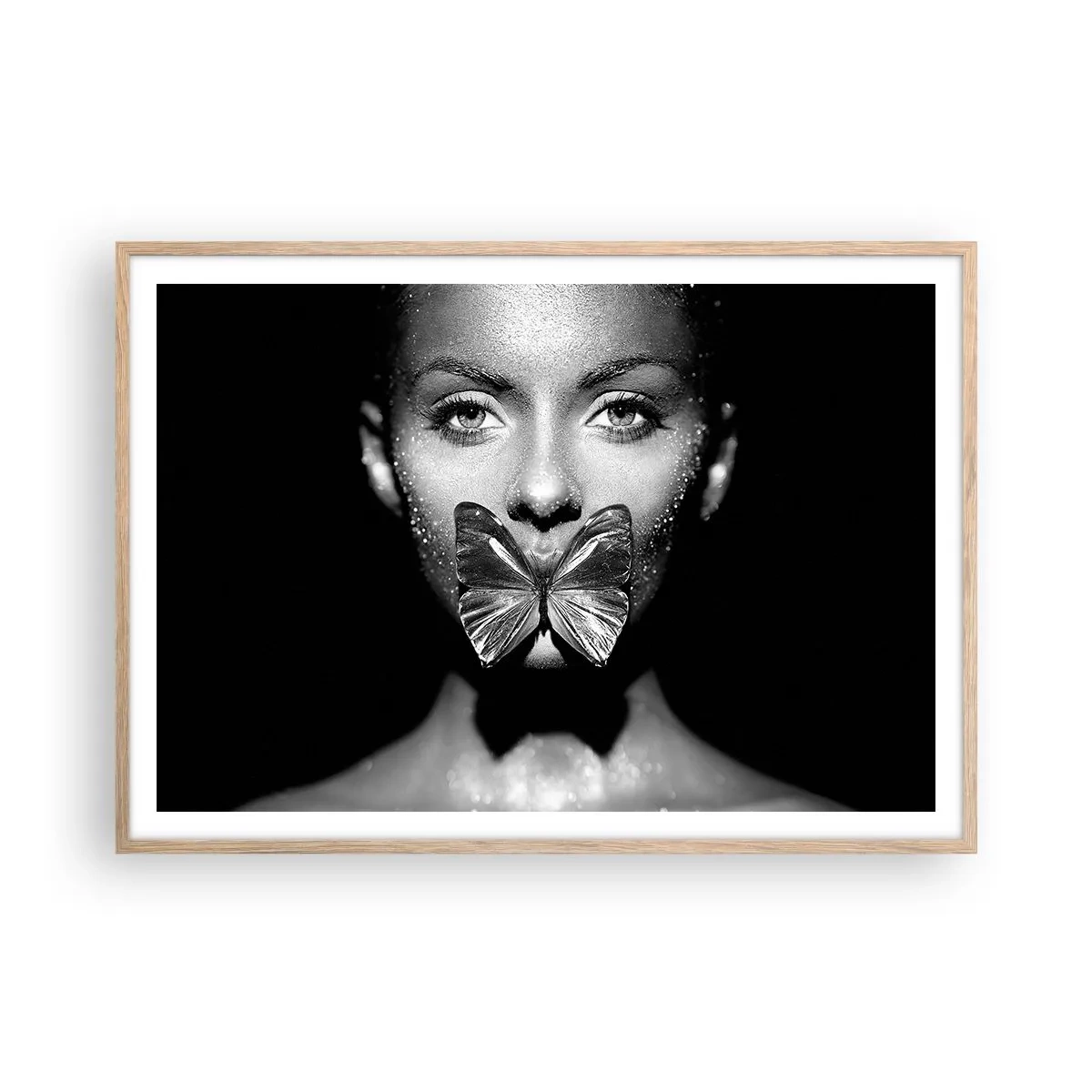 Poster in light oak frame - Butterfly Kiss - 100x70 cm