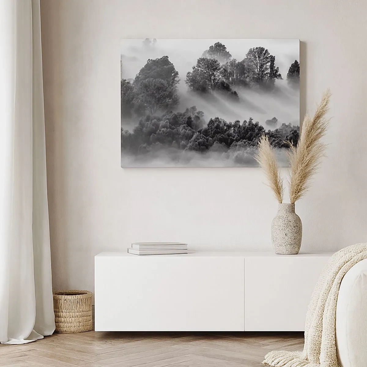 Canvas picture - Black and white forest landscape in the morning fog - 70x50cm - Rising from a Sleep - Modern wall decoration for the living room and bedroom ARTTOR