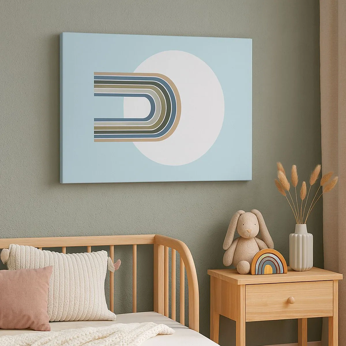 Canvas picture - A minimalist composition with a circle and lines on a pastel background. - 70x50cm - Irresistible Attraction - Modern wall decoration for the living room and bedroom ARTTOR