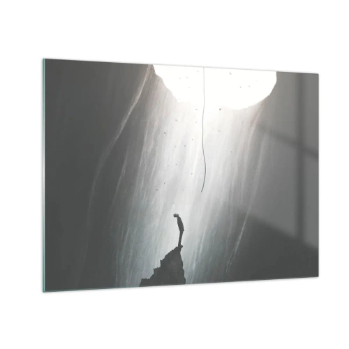 Glass picture - A man standing in the darkness at the foot of a luminous exit over an abyss - 70x50cm - There Is Always Some Way Out - Modern wall decoration for the living room and bedroom ARTTOR