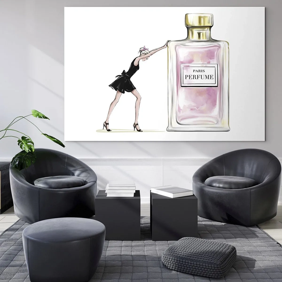 Glass picture - A woman in a black dress next to a large bottle of perfume - 70x50cm - The Essence of Womanhood - Modern wall decoration for the living room and bedroom ARTTOR