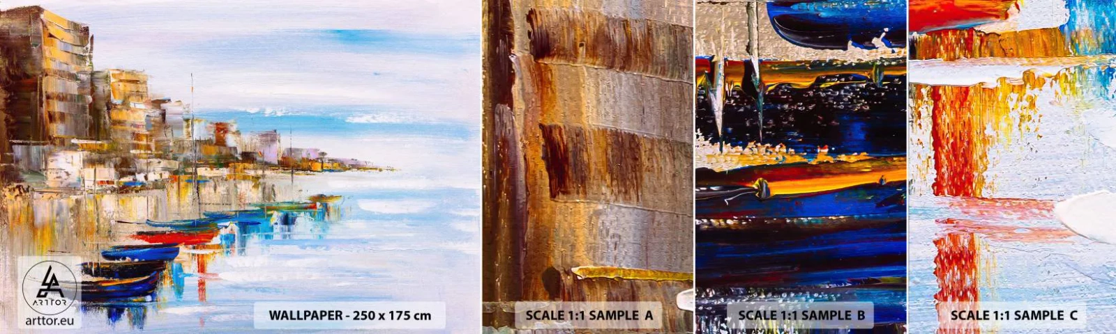 Photo Wallpaper Sample Self-Adhesive Deluxe Sticker - Multicolour Town Marina - Landscape, Harbor, Seaside - 100x30 cm