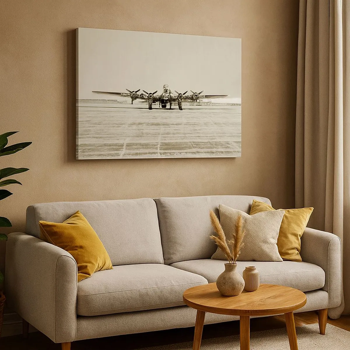 Canvas picture - Historic airplane at the airport in sepia - 70x50cm - Ready as Always - Modern wall decoration for the living room and bedroom ARTTOR