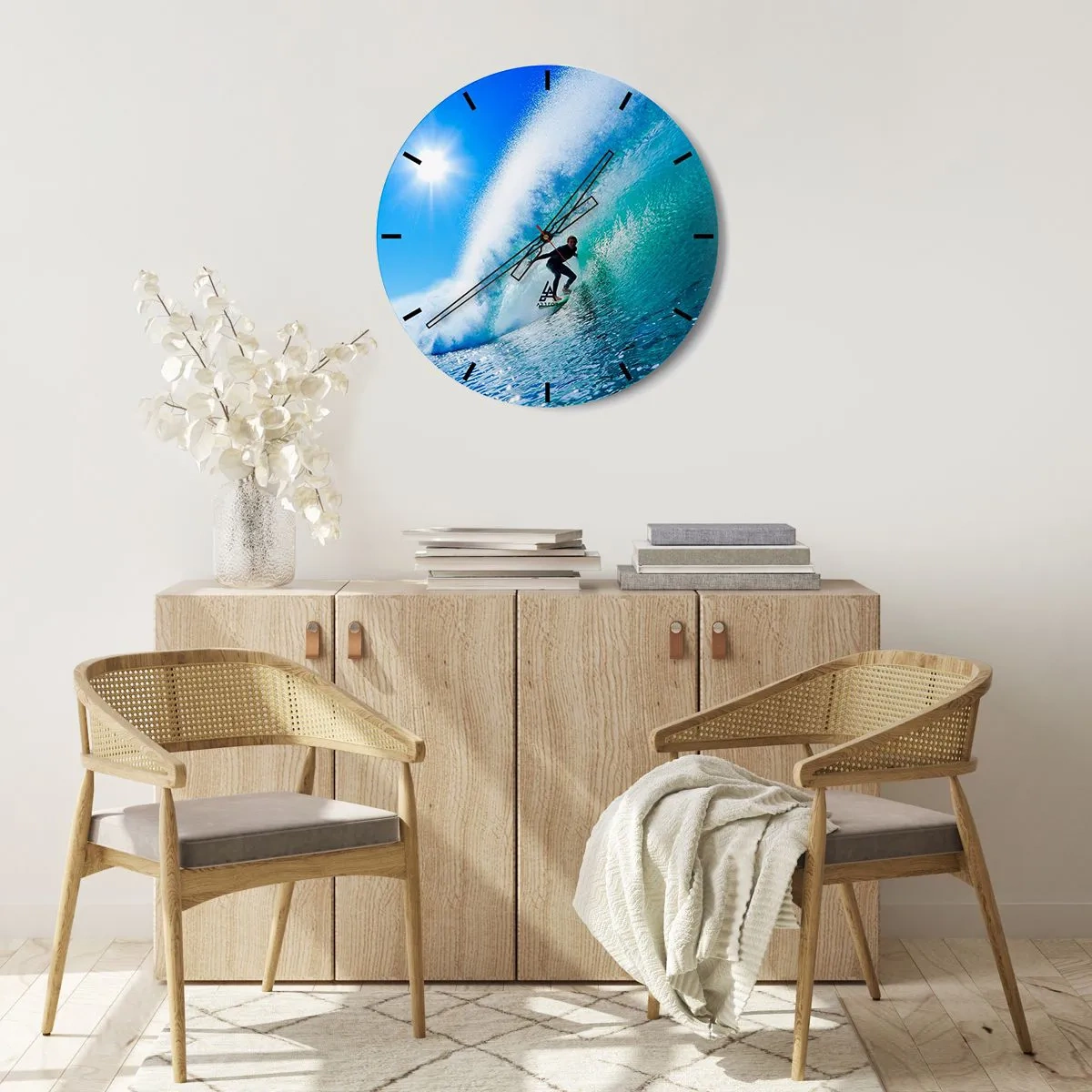 Wall clock - Clock on glass - Surfer on a wave on a sunny day - 30x30cm - Across Great Blue - Modern wall decoration for the living room, kitchen, and bedroom ARTTOR