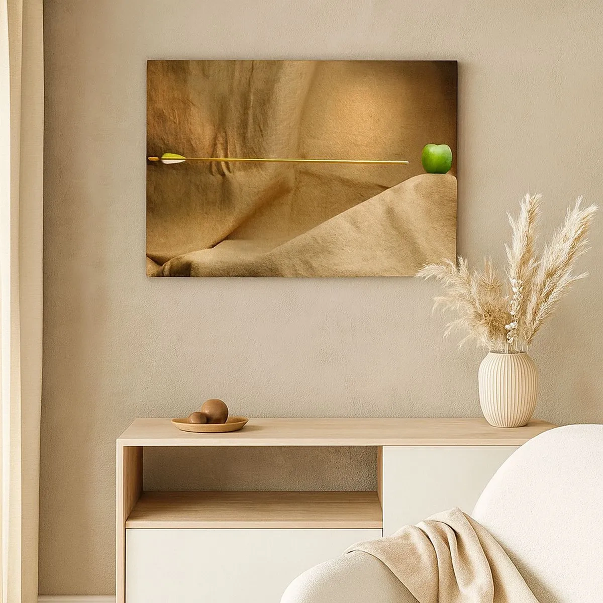 Canvas picture - Green apple on fabric with an arrow creating a composition - 70x50cm - Calling Wihelm Tell Spirit - Modern wall decoration for the living room and bedroom ARTTOR