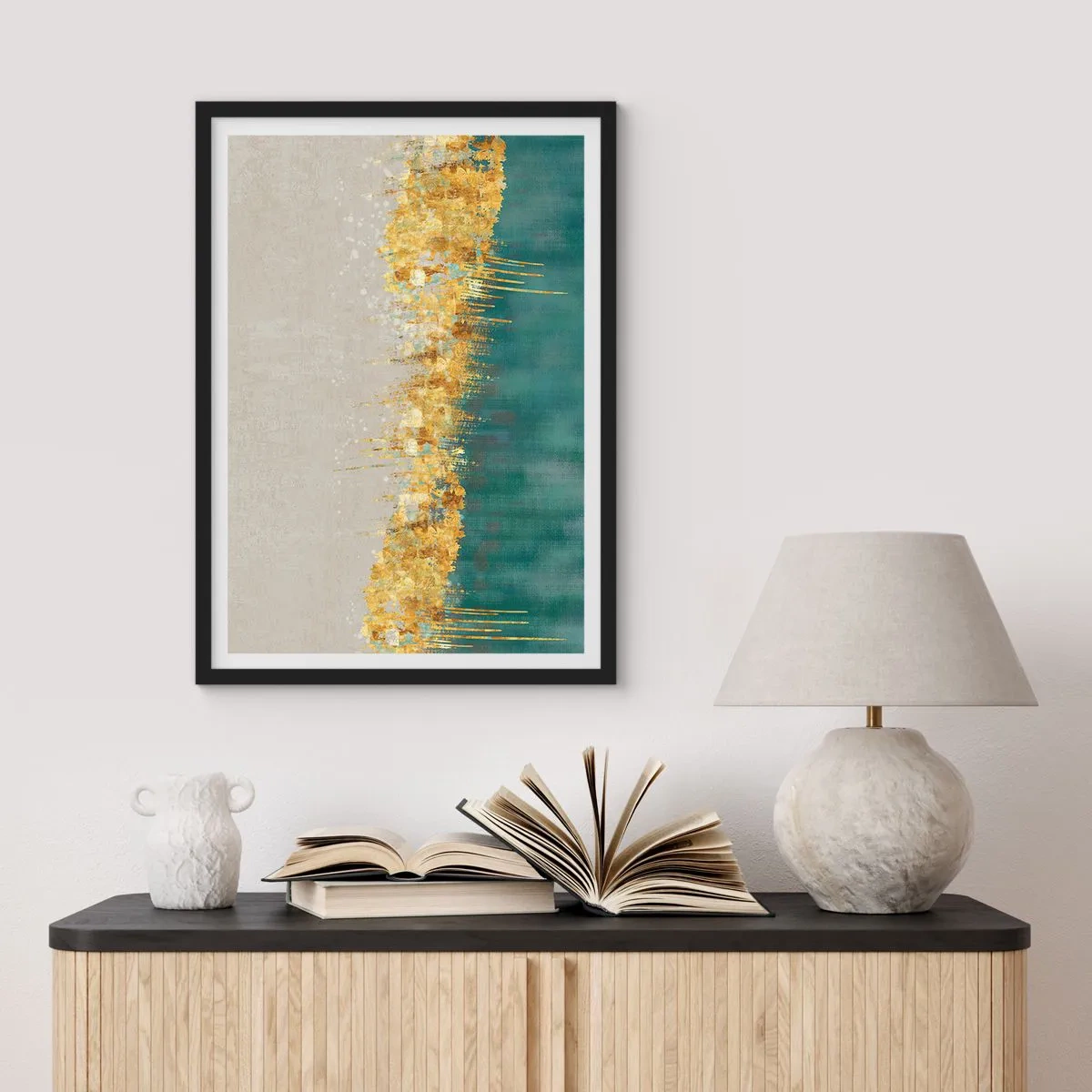 Poster in black frame - An abstract composition of gold, beige and green - 50x70cm - Golden Border - Modern wall decoration for the living room and bedroom ARTTOR