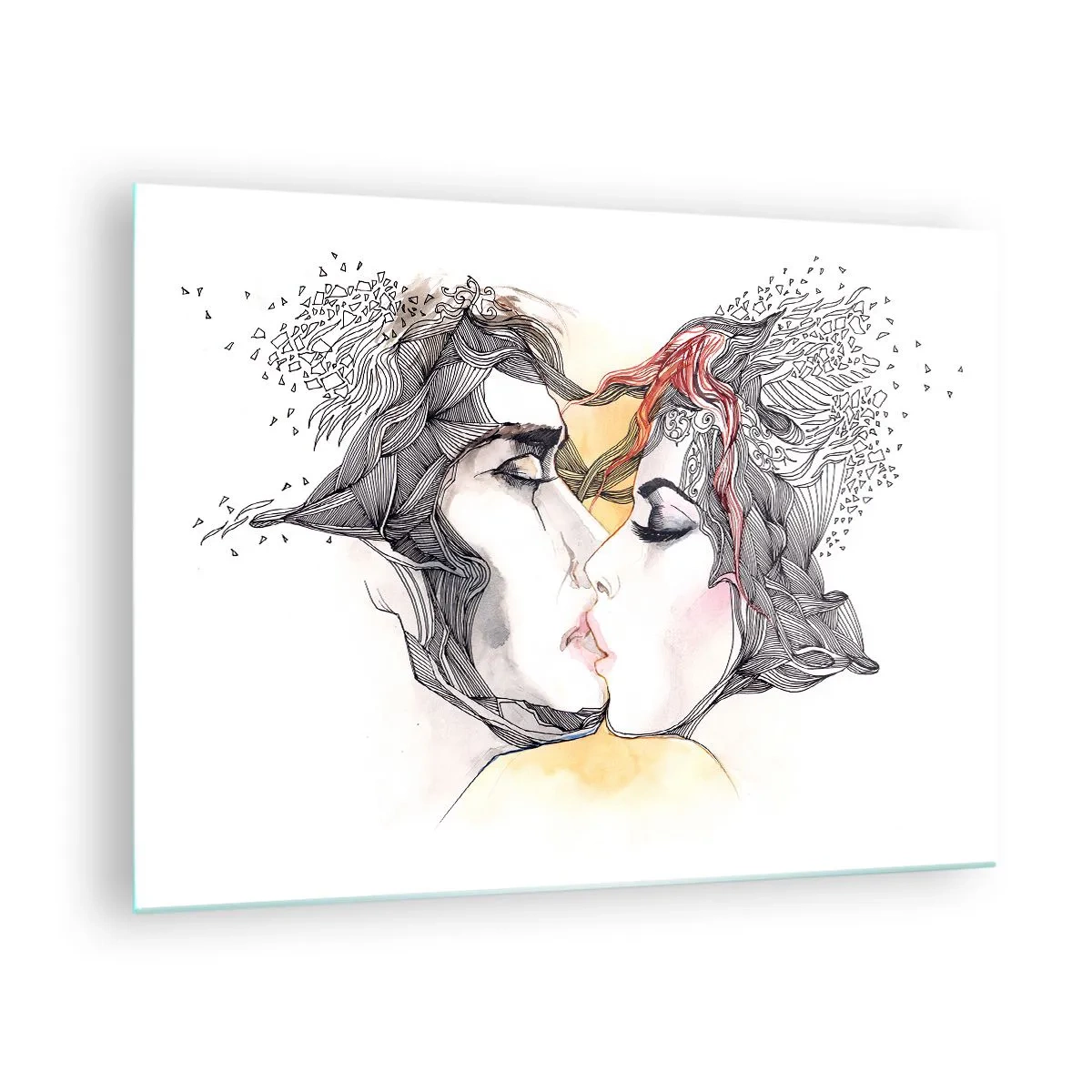 Glass picture - Abstract couple kissing with artistic patterns - 70x50cm - World Does Not Exist - Modern wall decoration for the living room and bedroom ARTTOR