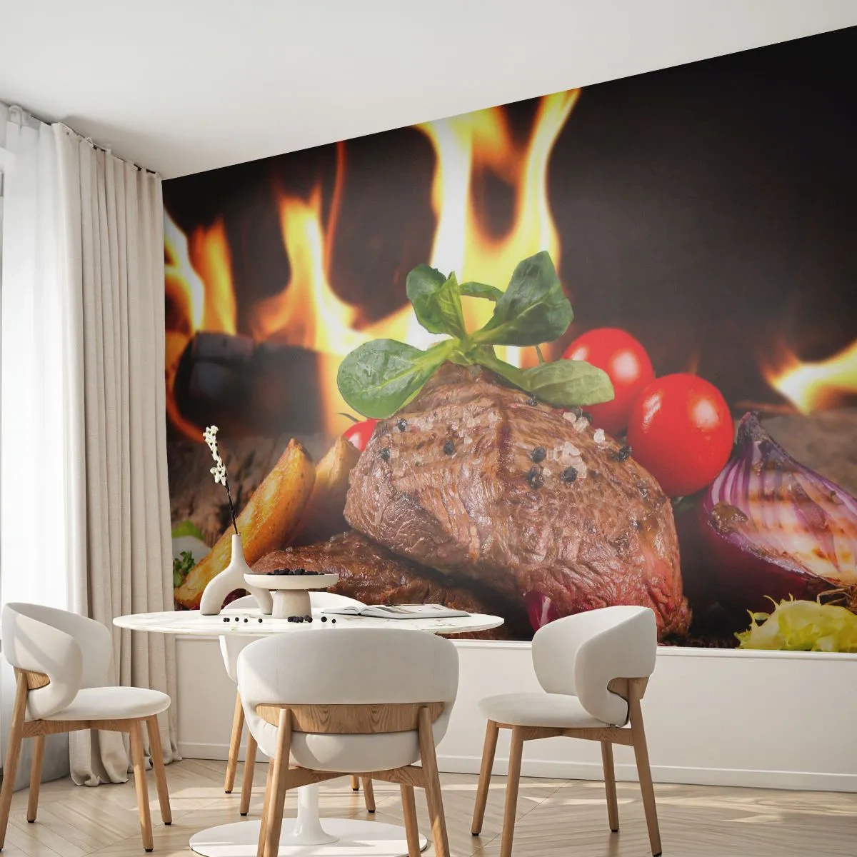 Photo Wallpaper Standard Eco - Grilled steak with vegetables against the backdrop of flames - 100x70cm - Smokey Barbecue - Modern wall decoration for the living room and bedroom ARTTOR