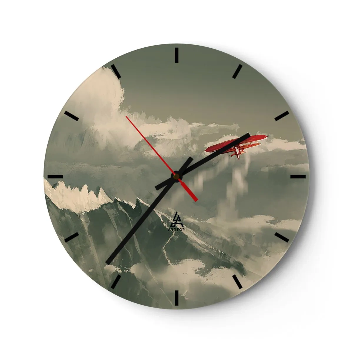 Wall clock - Clock on glass - A red biplane flying over snow-capped mountains - 30x30cm - Fearless Pioneer - Modern wall decoration for the living room, kitchen, and bedroom ARTTOR