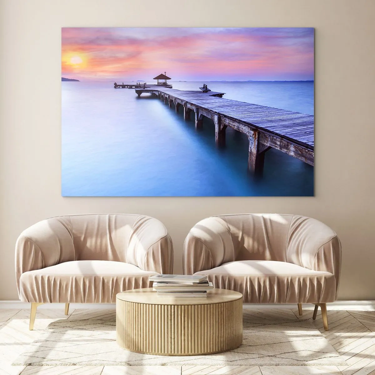 Glass picture - Wooden pier at sunrise on calm water - 70x50cm - Sea of Calm to the Horizon - Modern wall decoration for the living room and bedroom ARTTOR