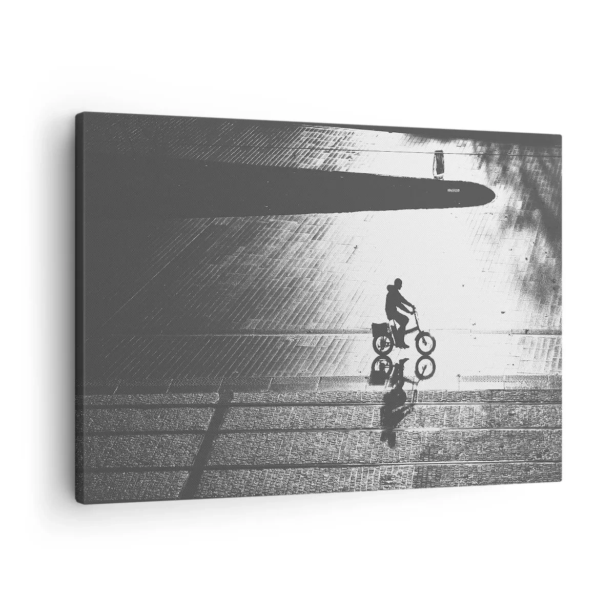 Canvas picture - Black and white silhouette of a cyclist on a wet street - 70x50cm - Straight ahead, through the City - Modern wall decoration for the living room and bedroom ARTTOR