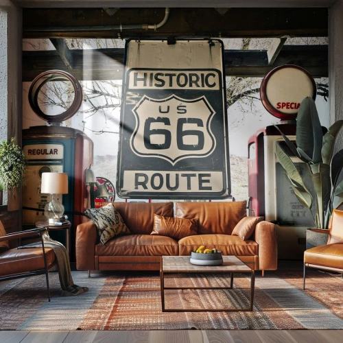 Photo Wallpaper Premium Canvas - American Retro Trip - Vintage, Route 66, Route 66 - 450x315 cm