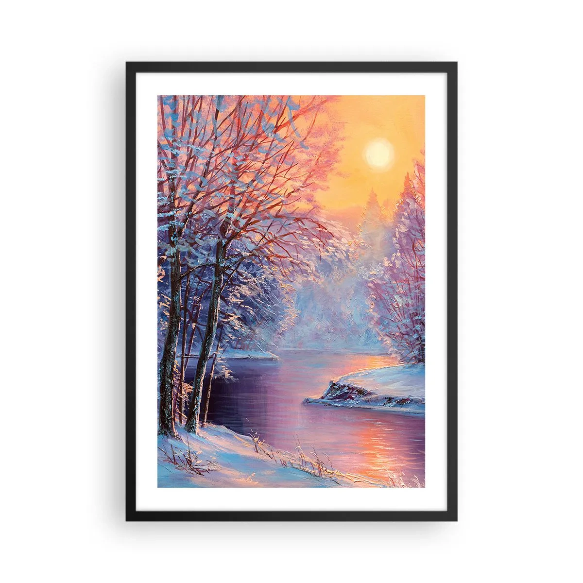 Poster in black frame - Winter landscape with a river in the glow of the setting sun - 50x70cm - Colours of Winter - Modern wall decoration for the living room and bedroom ARTTOR